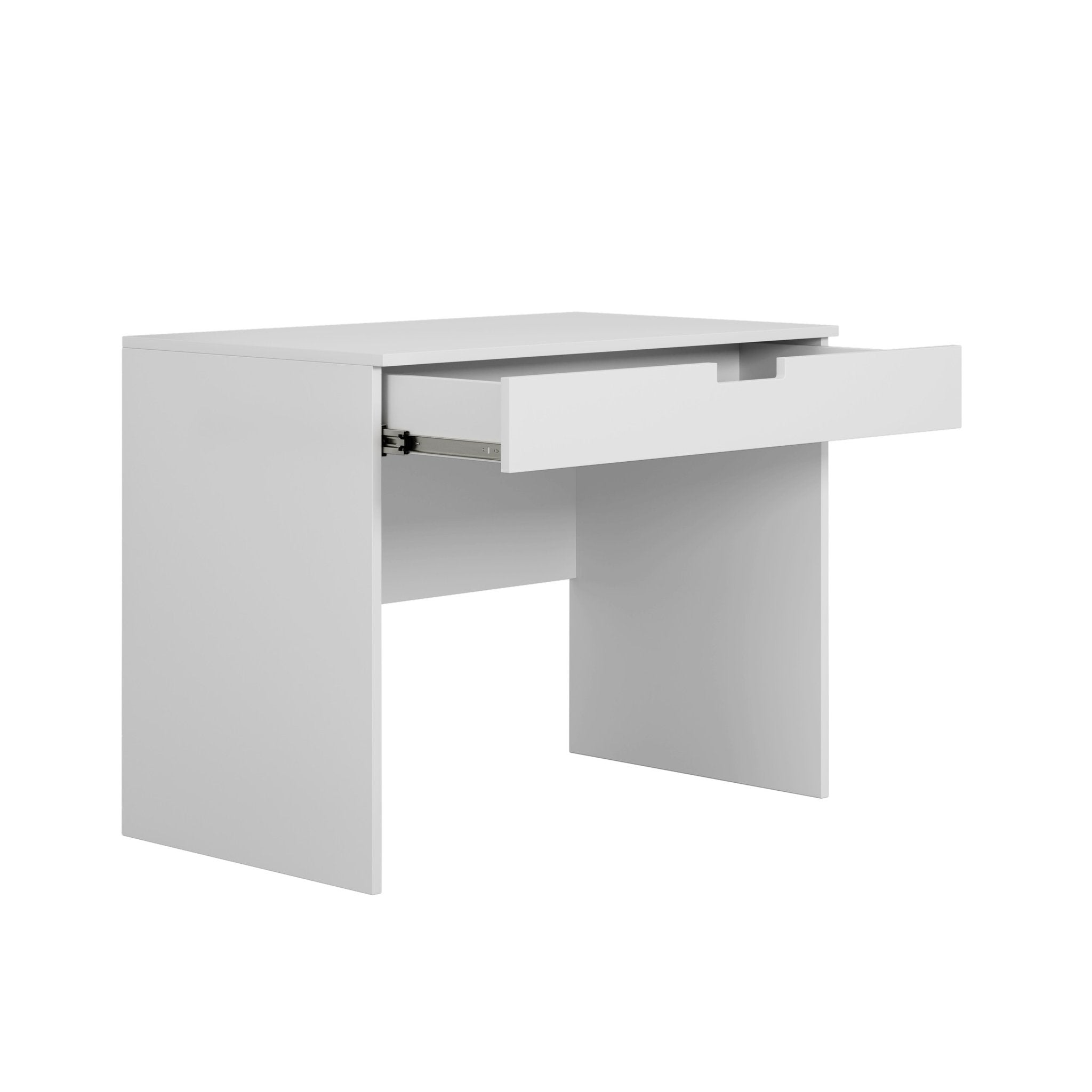 3. White children's desk with an open drawer, highlighting the full-extension feature in a studio setting