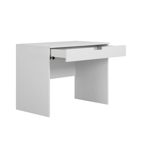 3. White children's desk with an open drawer, highlighting the full-extension feature in a studio setting