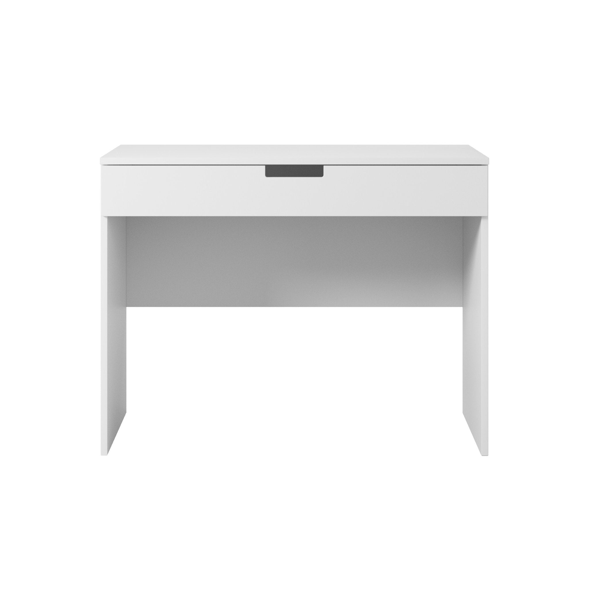 5. White children's desk with a single drawer, shown from the front in a studio setting