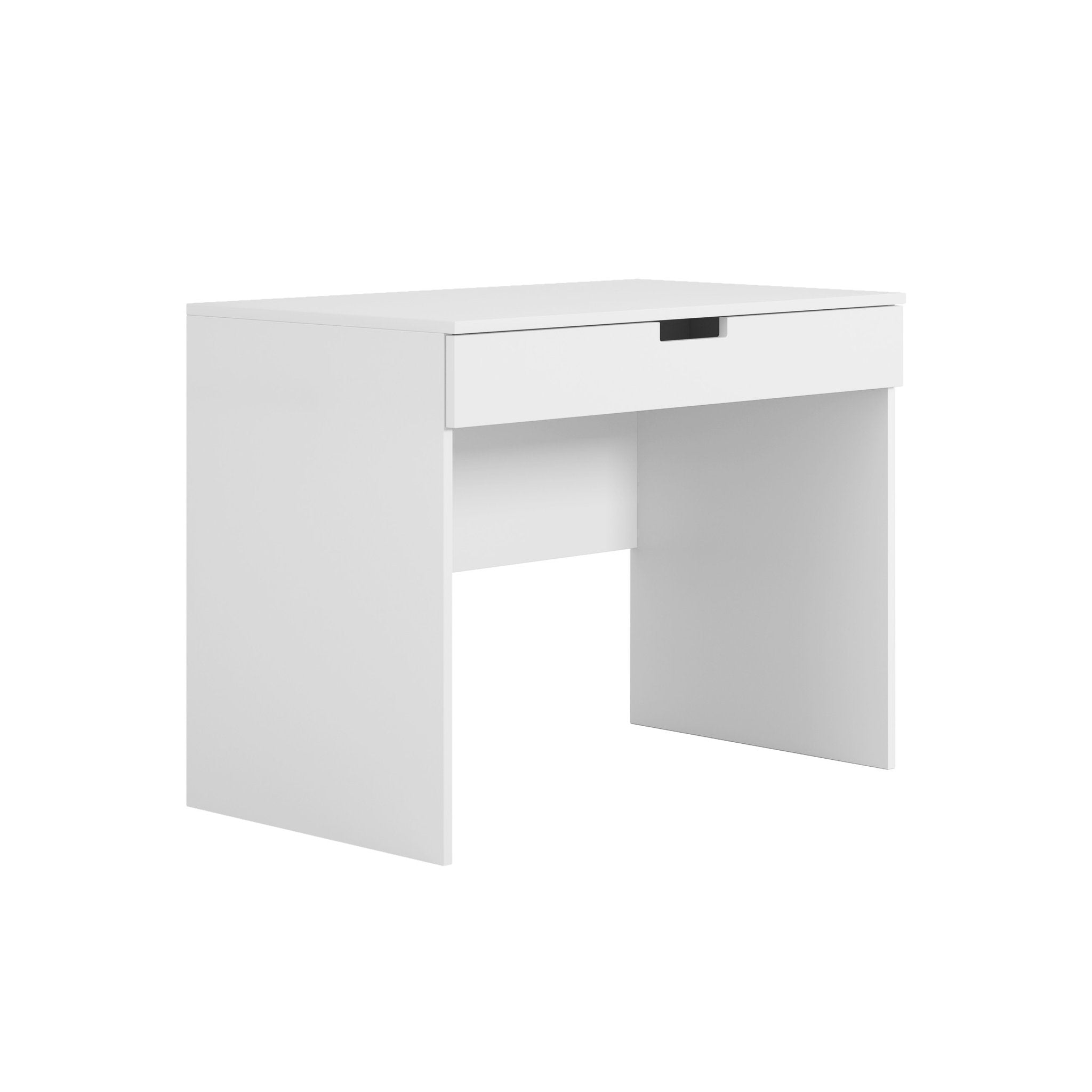 4. White children's desk with a single drawer, shown from a side angle in a studio setting