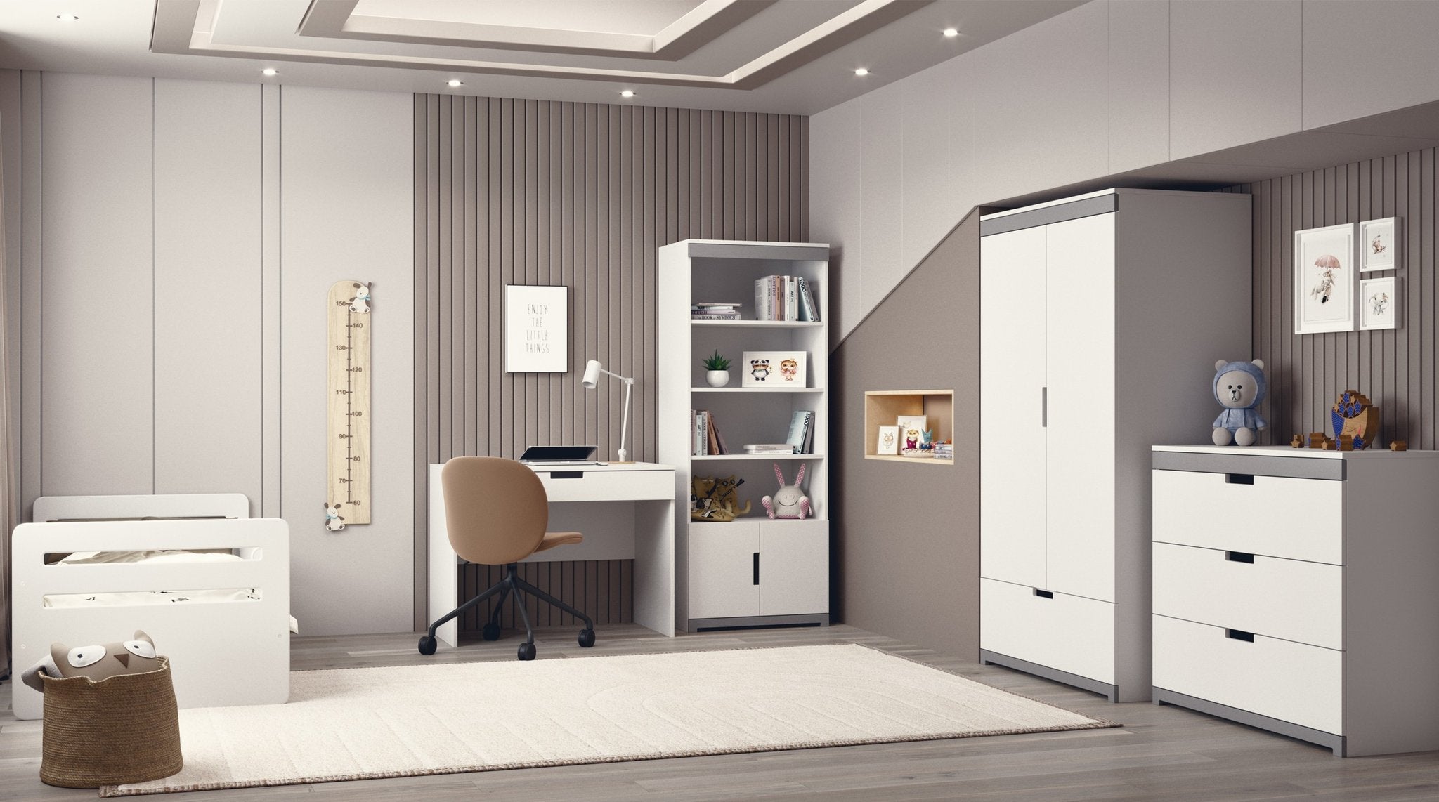 6. Modern children's room with Kocot Kids Tomi wardrobe, desk, and shelving in white with grey accents