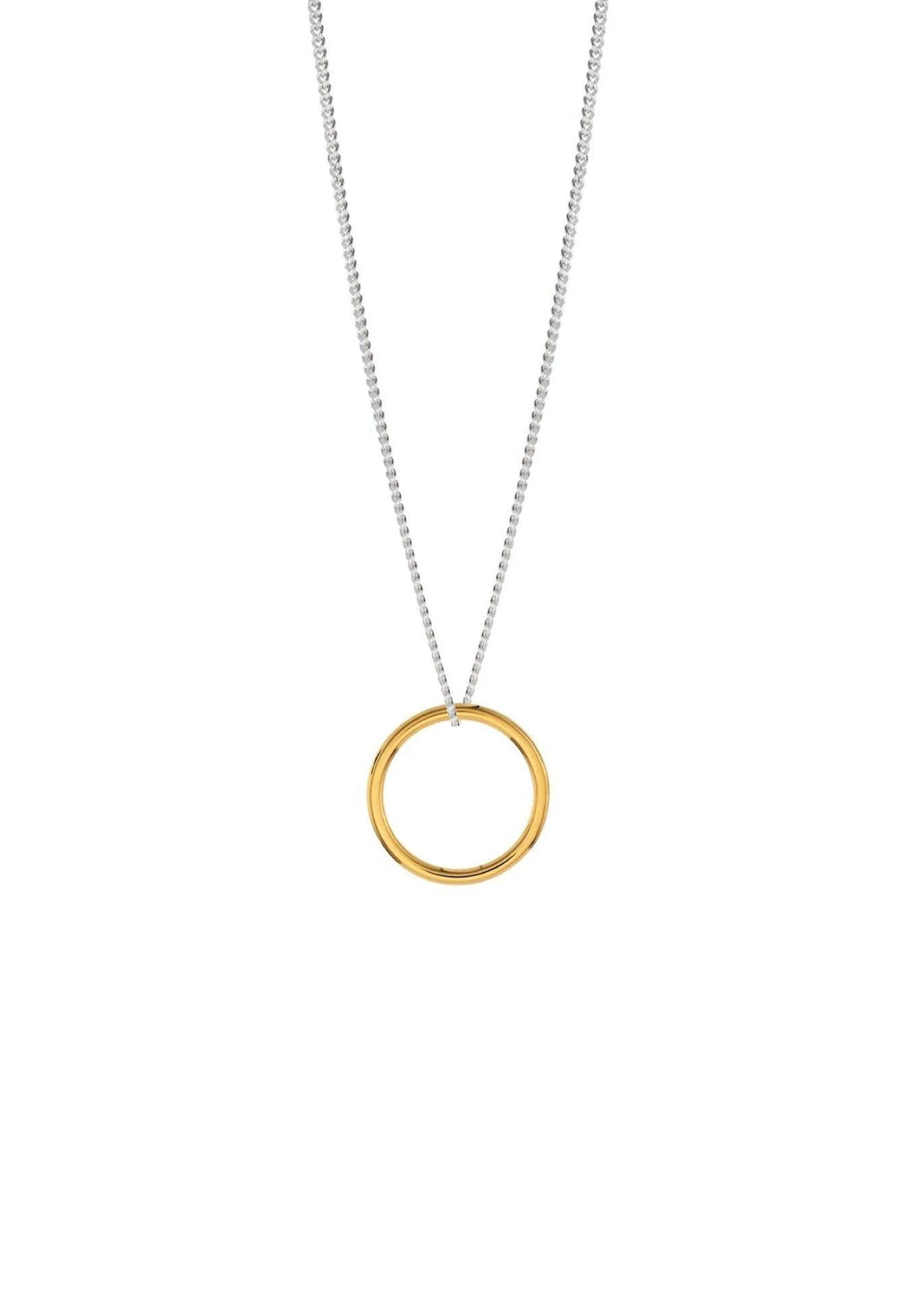 3. Studio shot of gold circle pendant necklace on a silver chain, emphasizing minimalist design and gold vermeil material