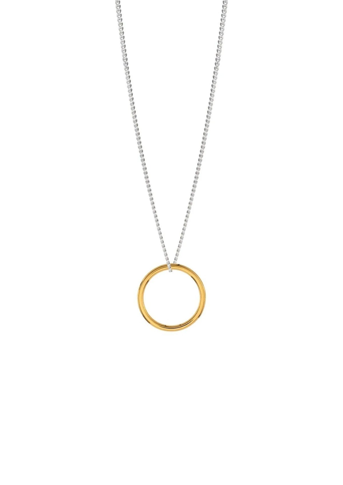 3. Studio shot of gold circle pendant necklace on a silver chain, emphasizing minimalist design and gold vermeil material