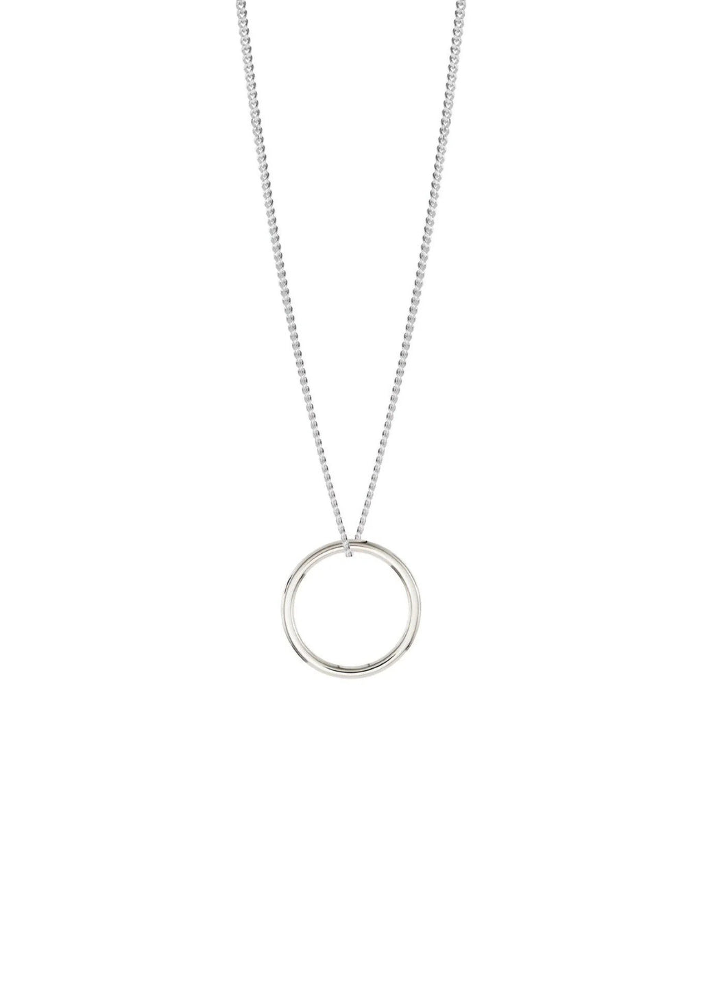 2. Studio shot of NO MORE sterling silver circle necklace with minimalist design on white background