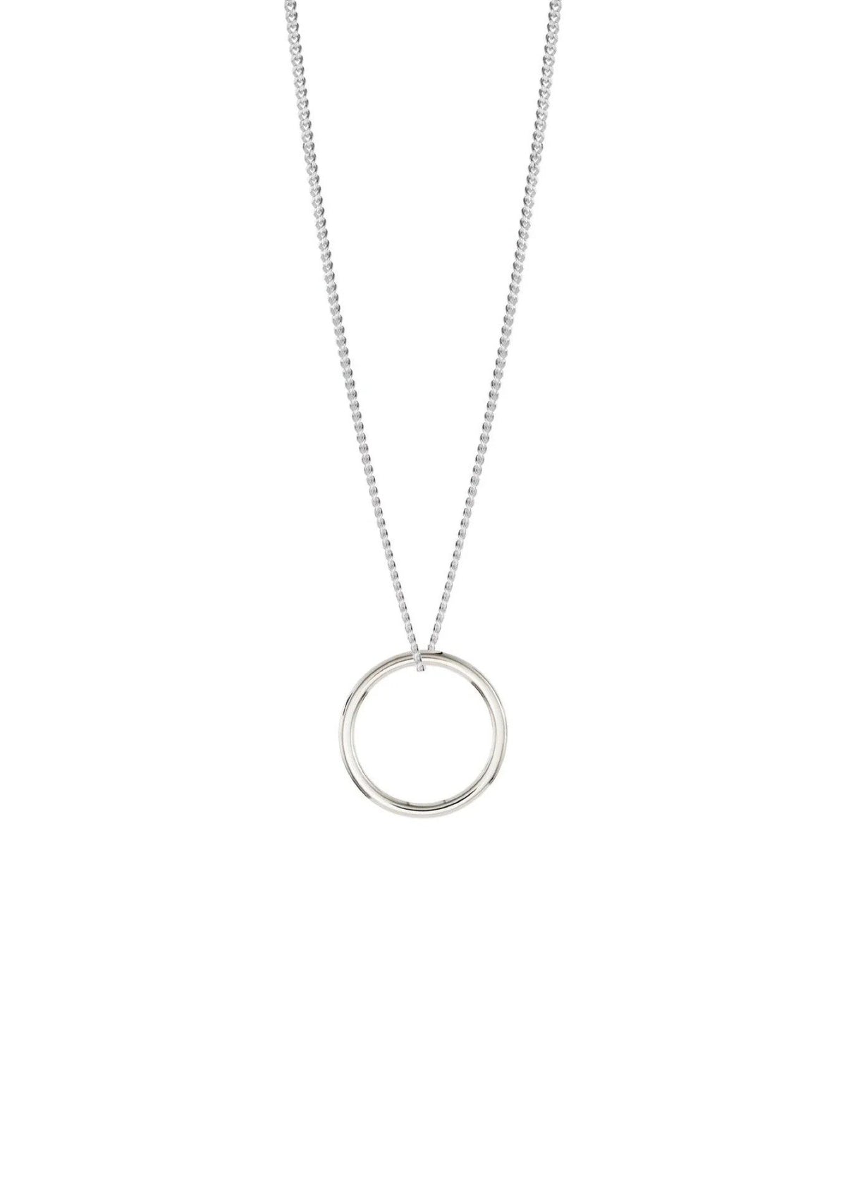 2. Studio shot of NO MORE sterling silver circle necklace with minimalist design on white background