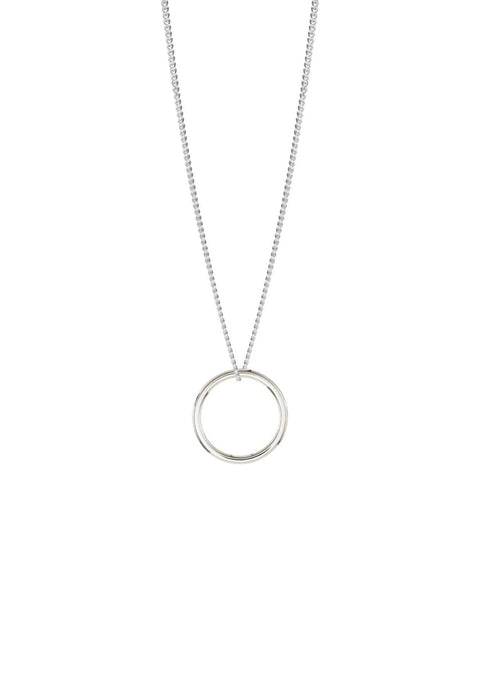 2. Studio shot of NO MORE sterling silver circle necklace with minimalist design on white background