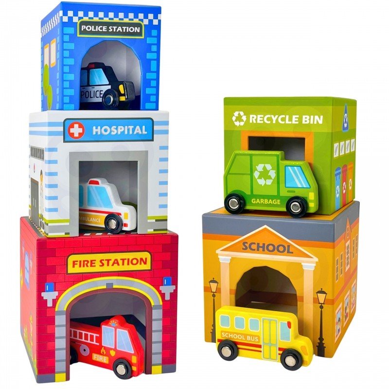 2. Set of colorful city-themed puzzle cubes with wooden vehicles including police car, ambulance, and school bus