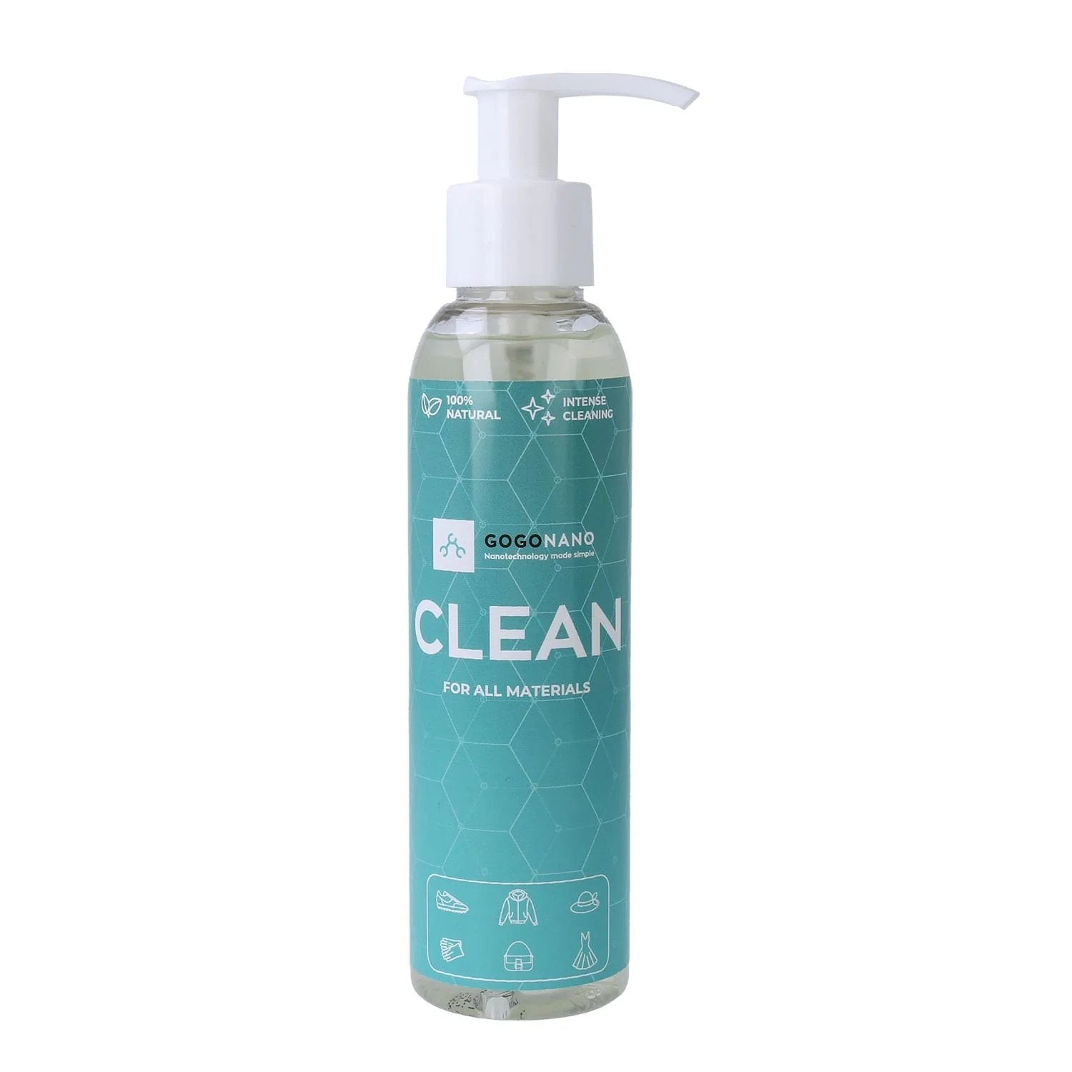 3. GoGoNano cleaning agent bottle with pump, labeled for all materials, on white background