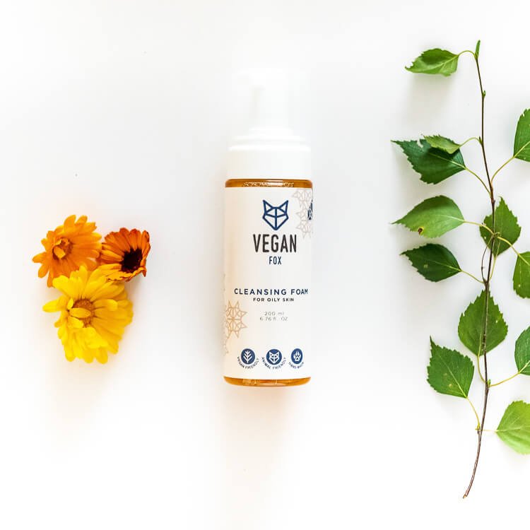 1. Vegan Fox Cleansing Foam for oily and combination skin, 200 ml, with calendula flowers and leaves, flat lay
