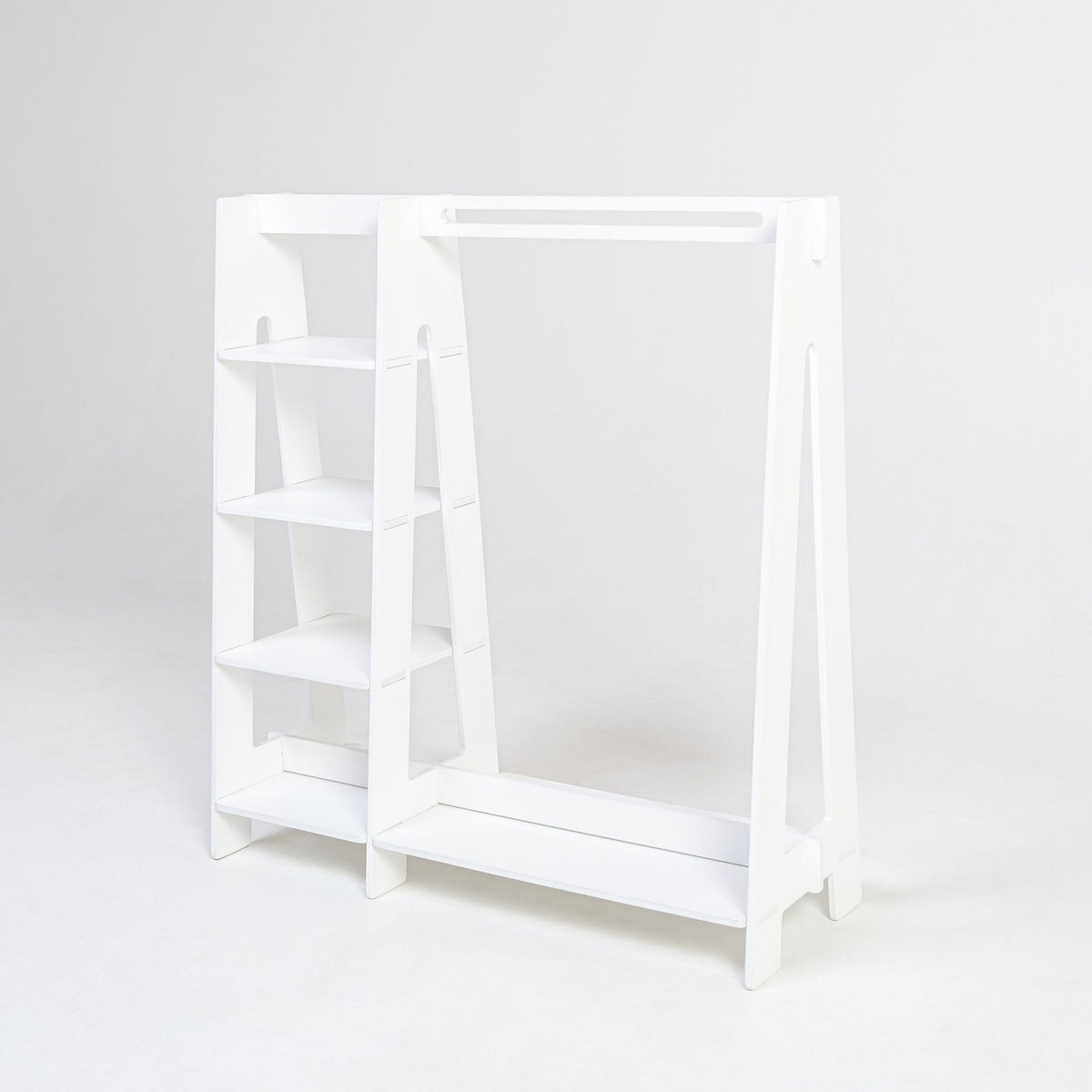 19. White wooden clothing rack with shelves on white background, showcasing clean design