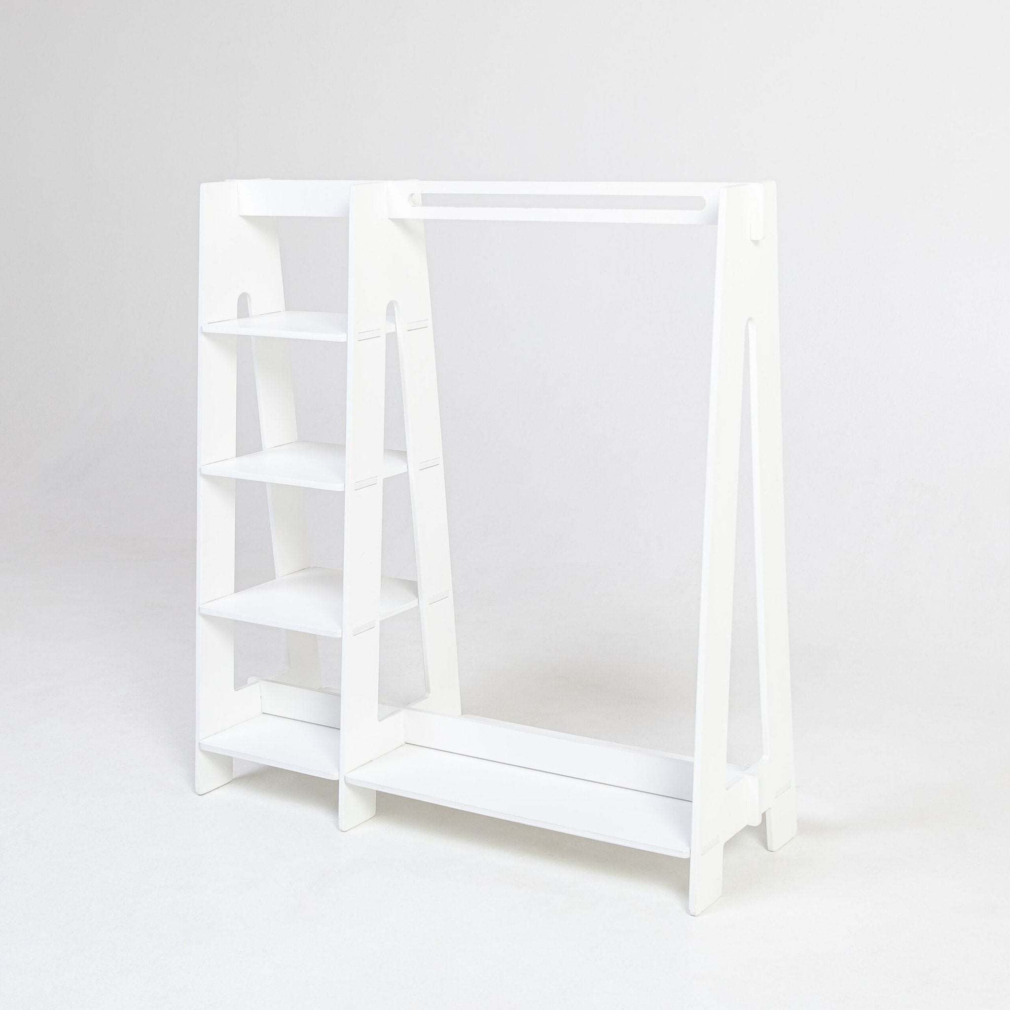 19. White wooden clothing rack with shelves on white background, showcasing clean design