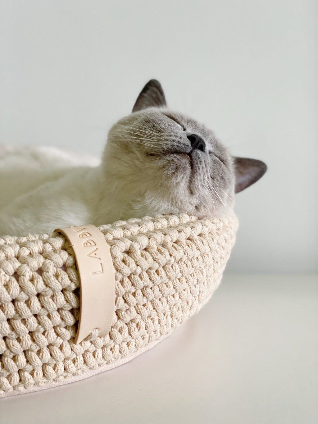 1. Cat resting in beige Labbvenn Coco pet bed made of hand-woven cotton rope, showing brand tag, in a cozy indoor setting