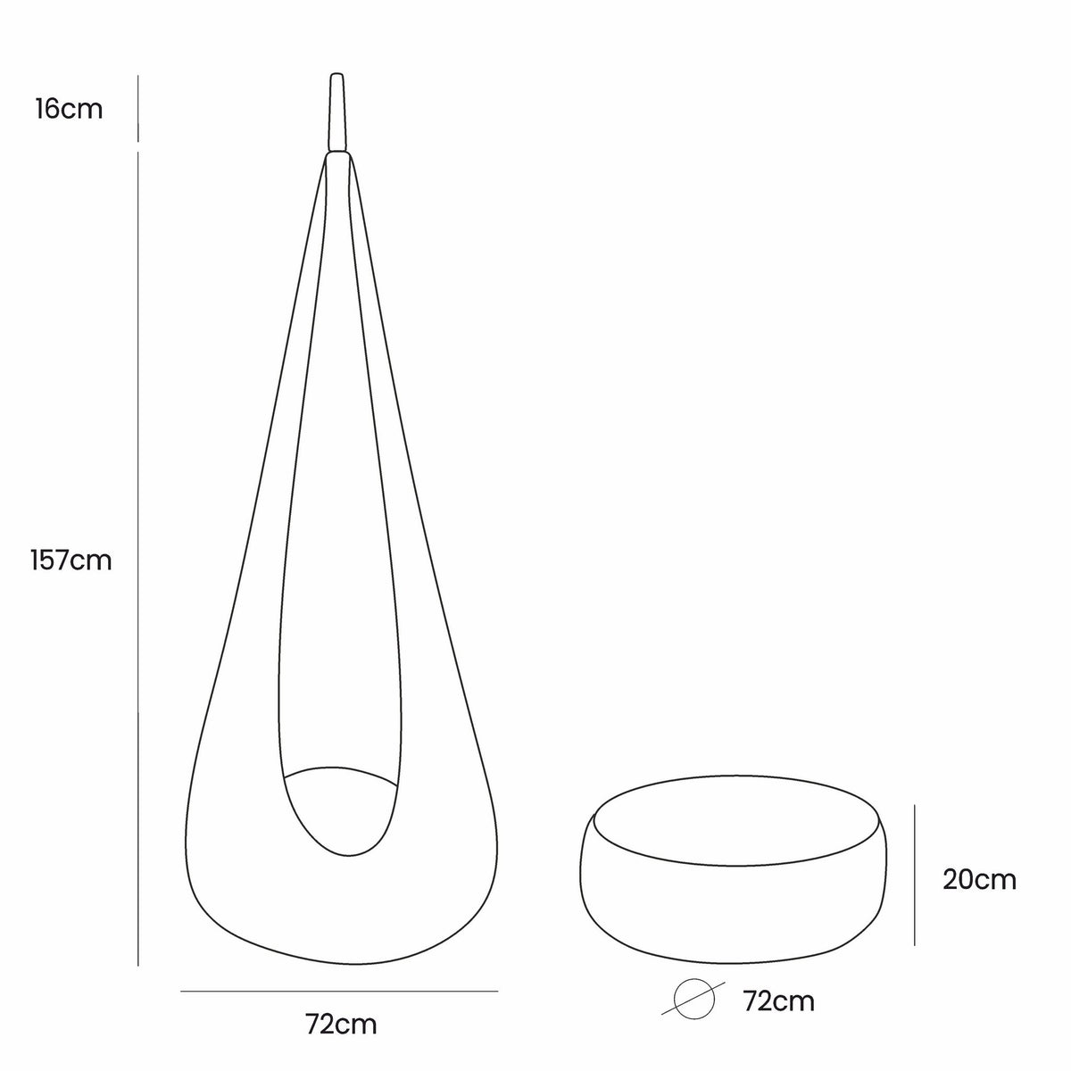 2. Size chart for kids' cocoon swing showing dimensions of swing and cushion in centimeters