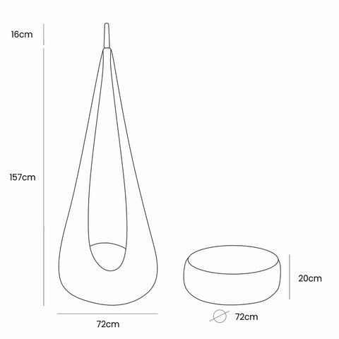 5. Size chart for kids' cocoon swing showing dimensions of swing and cushion in centimeters