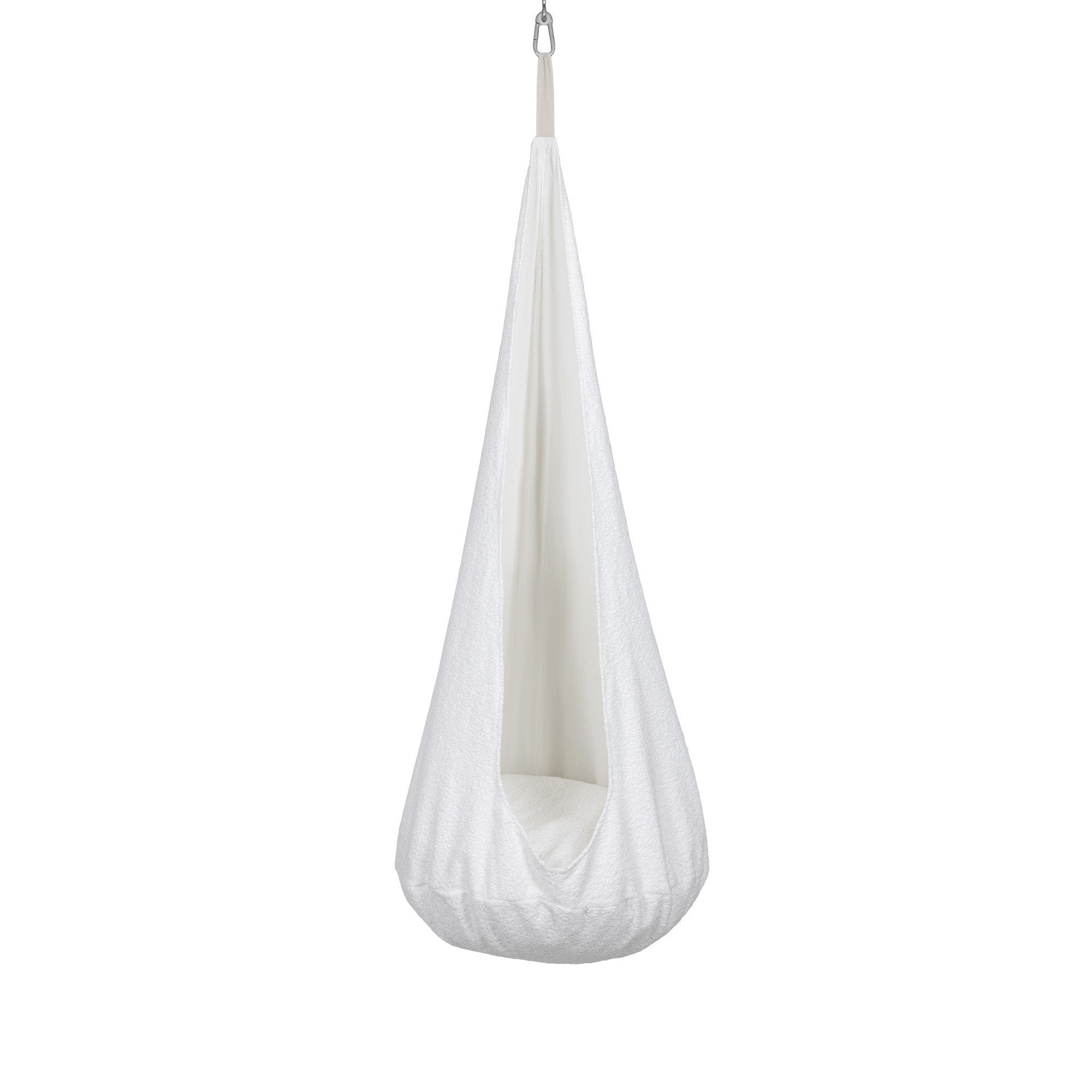 1. White boucle cocoon swing for kids with plush cushion hanging from ceiling hook in studio setting