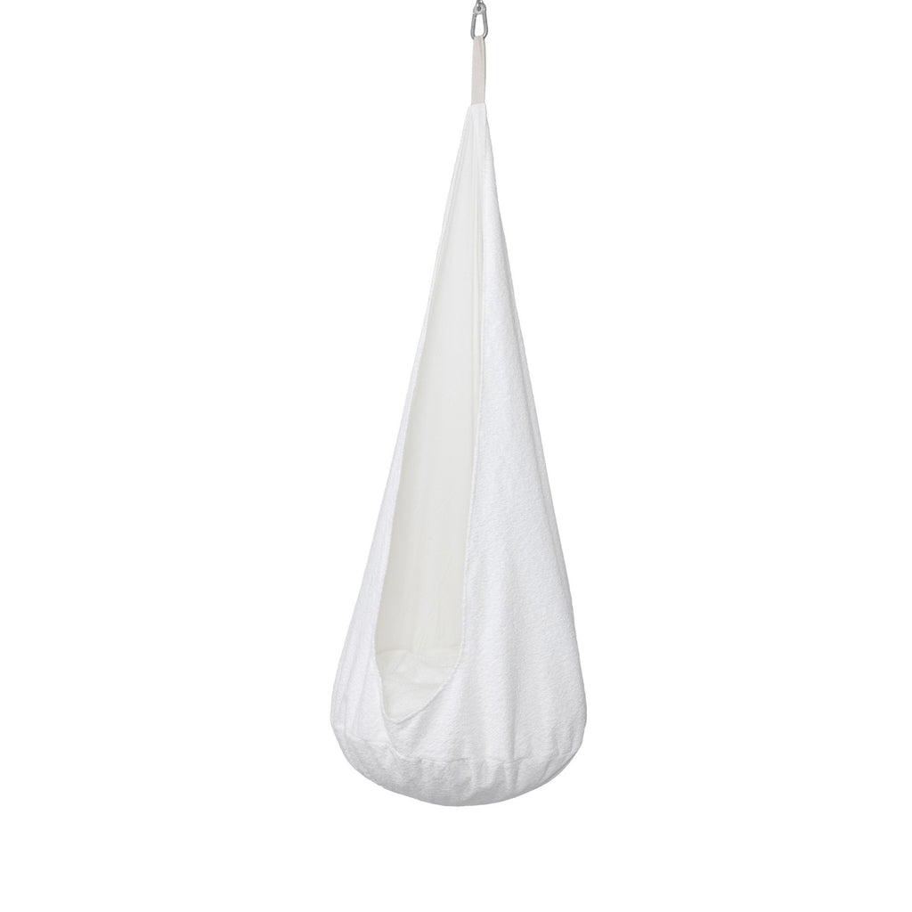 2. White boucle cocoon swing for kids with plush cushion hanging from ceiling hook in studio setting