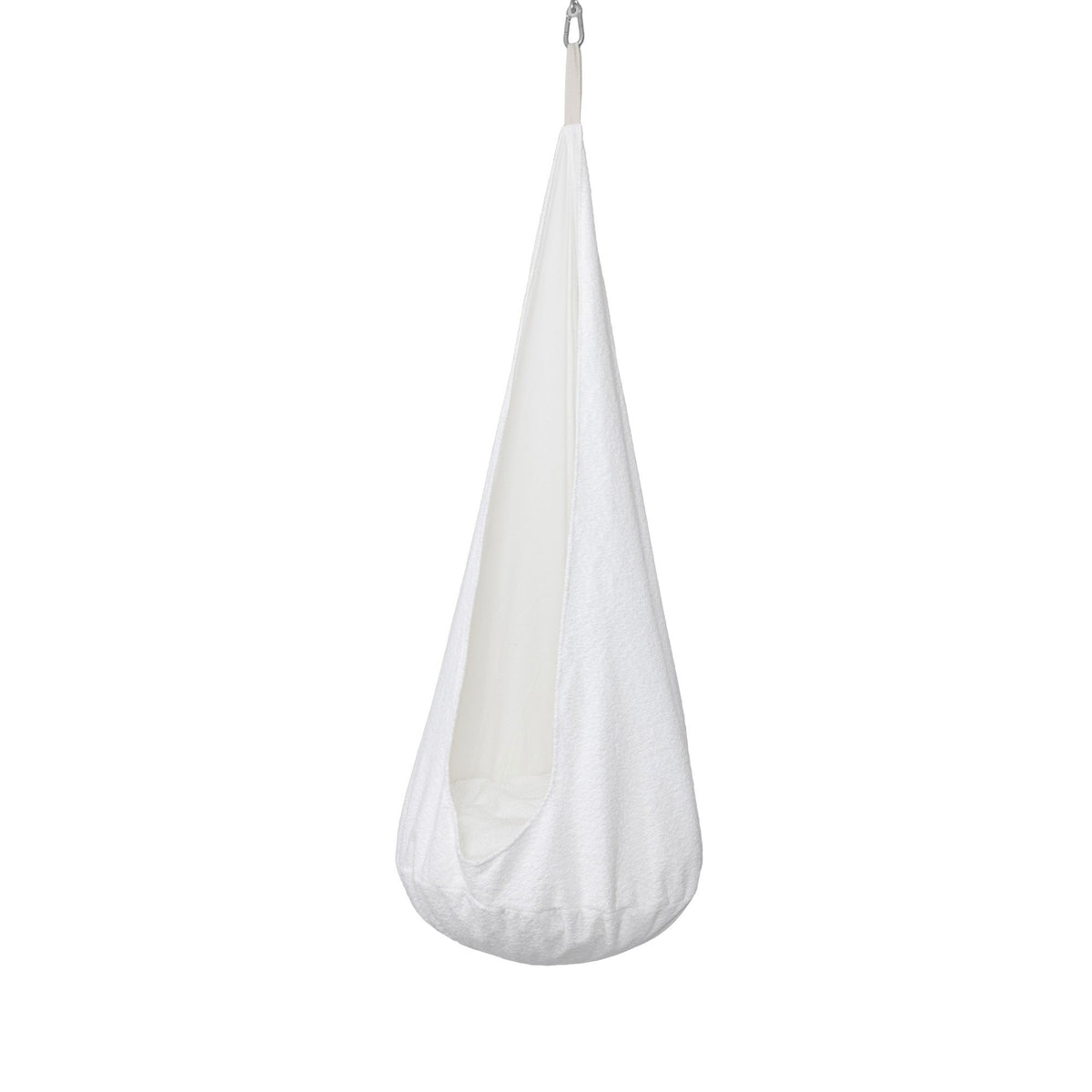 2. White boucle cocoon swing for kids with plush cushion hanging from ceiling hook in studio setting
