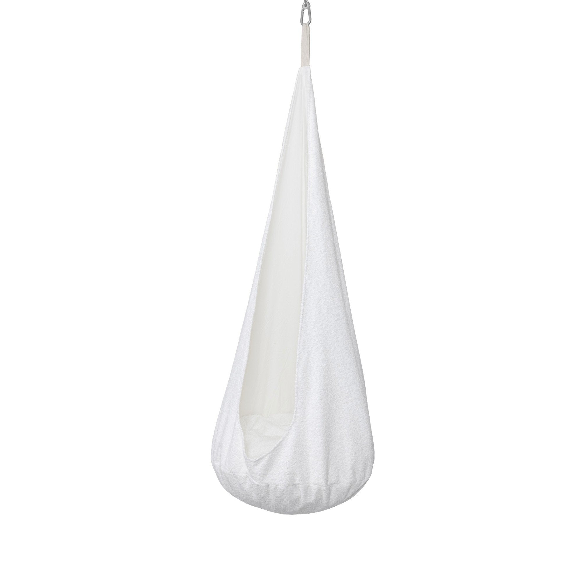 2. White boucle cocoon swing for kids with plush cushion hanging from ceiling hook in studio setting