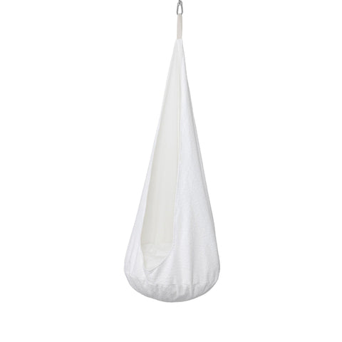 2. White boucle cocoon swing for kids with plush cushion hanging from ceiling hook in studio setting