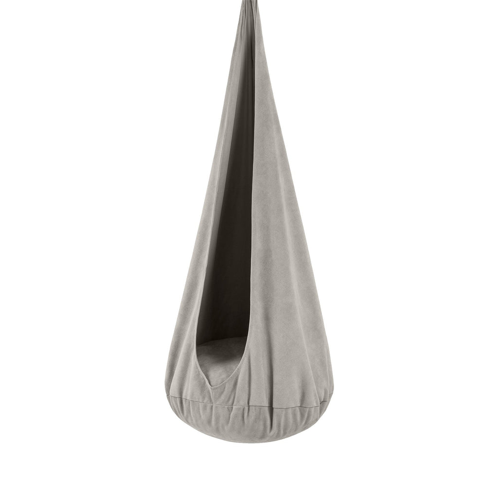 1. Kids' cocoon swing in soft grey corduroy with plush cushion, shown in a studio setting highlighting its teardrop shape and inviting design