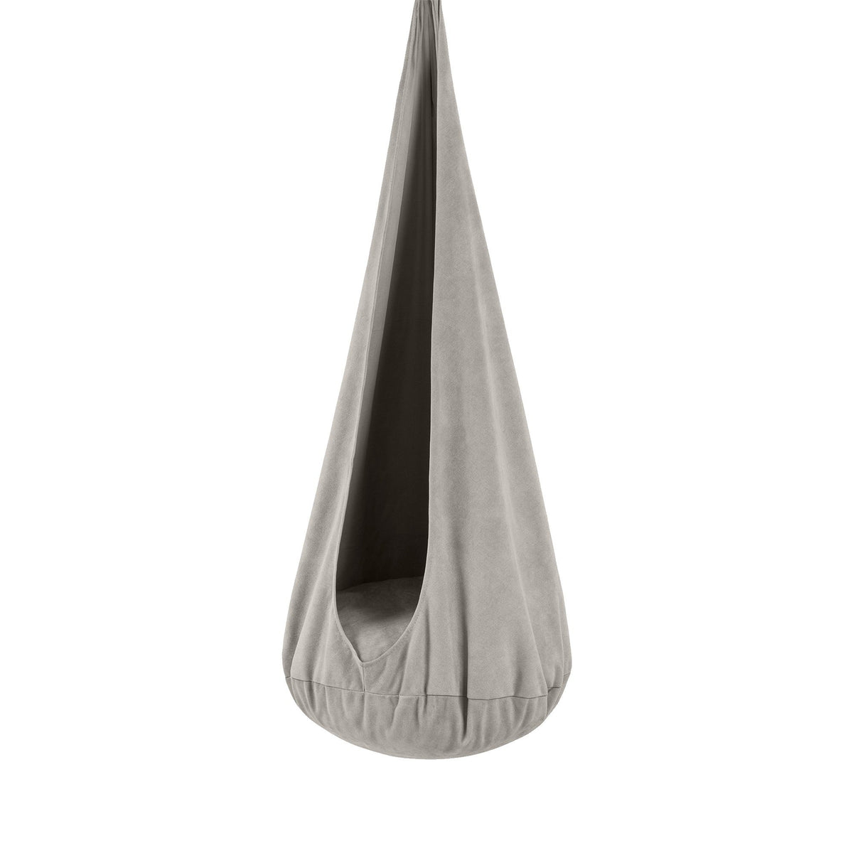 1. Kids' cocoon swing in soft grey corduroy with plush cushion, shown in a studio setting highlighting its teardrop shape and inviting design
