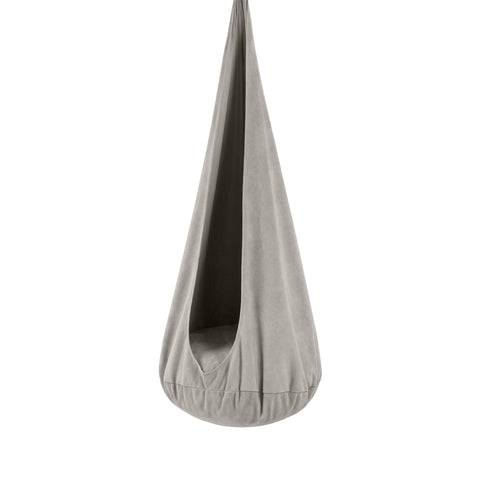 1. Kids' cocoon swing in soft grey corduroy with plush cushion, shown in a studio setting highlighting its teardrop shape and inviting design