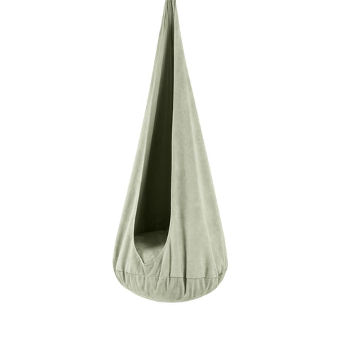 1. Sage meadow green cocoon swing for kids with soft corduroy cover and plush cushion, shown in a studio setting