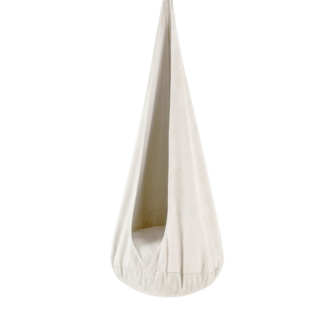 1. Kids' cocoon swing in cotton cloud white with soft corduroy cover and plush cushion, shown hanging against a white background