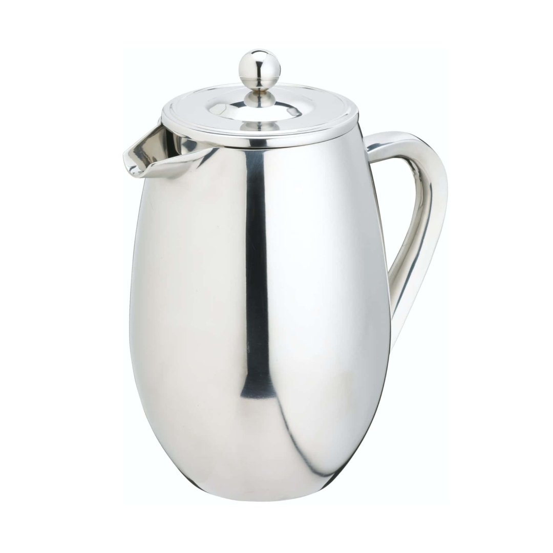 1. La Cafetière silver double walled coffee maker with mirror-polished finish on white background