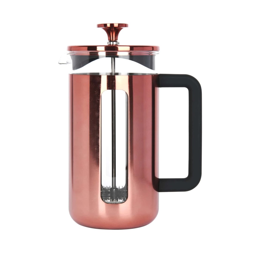 1. La Cafetière Pisa coffee maker in copper with black handle, studio shot highlighting stainless steel and glass design