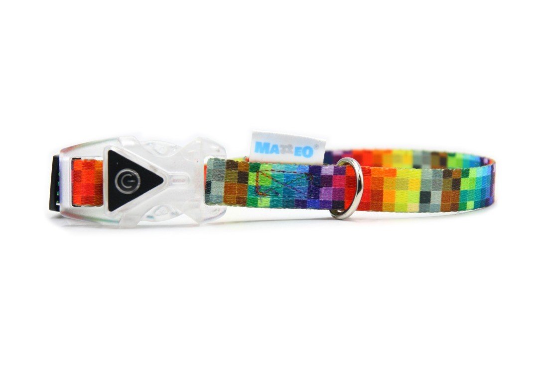 2. Side view of colorful pixel-patterned dog collar with transparent LED buckle and Matteo logo