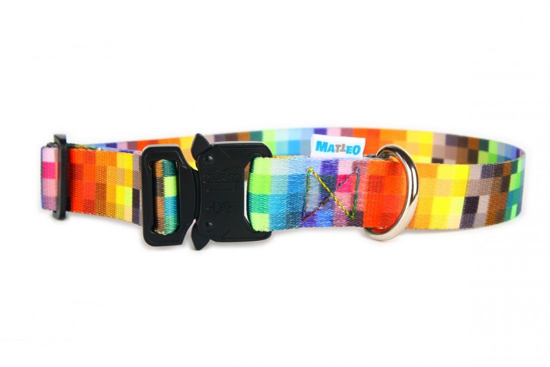 2. Matteo dog collar with colorful pixel design and metal buckle on white background