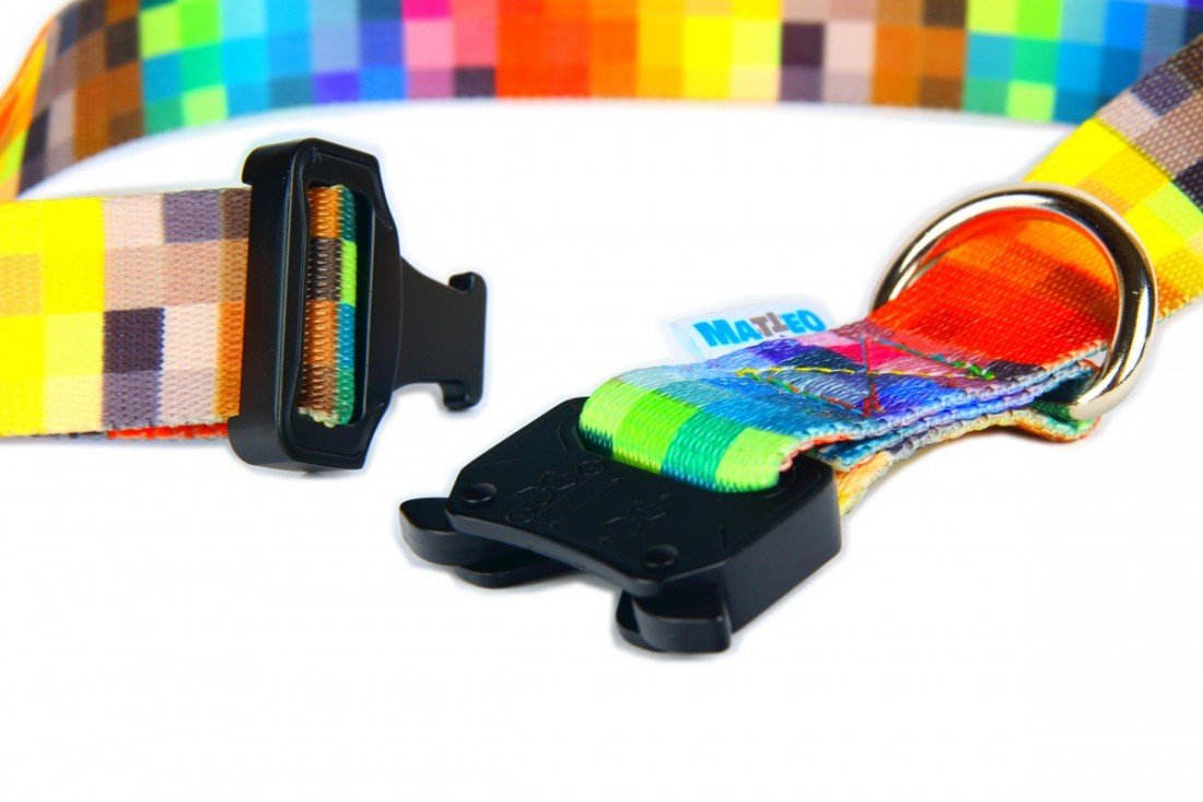 3. Detail of Matteo dog collar showing black buckle and colorful pixel pattern