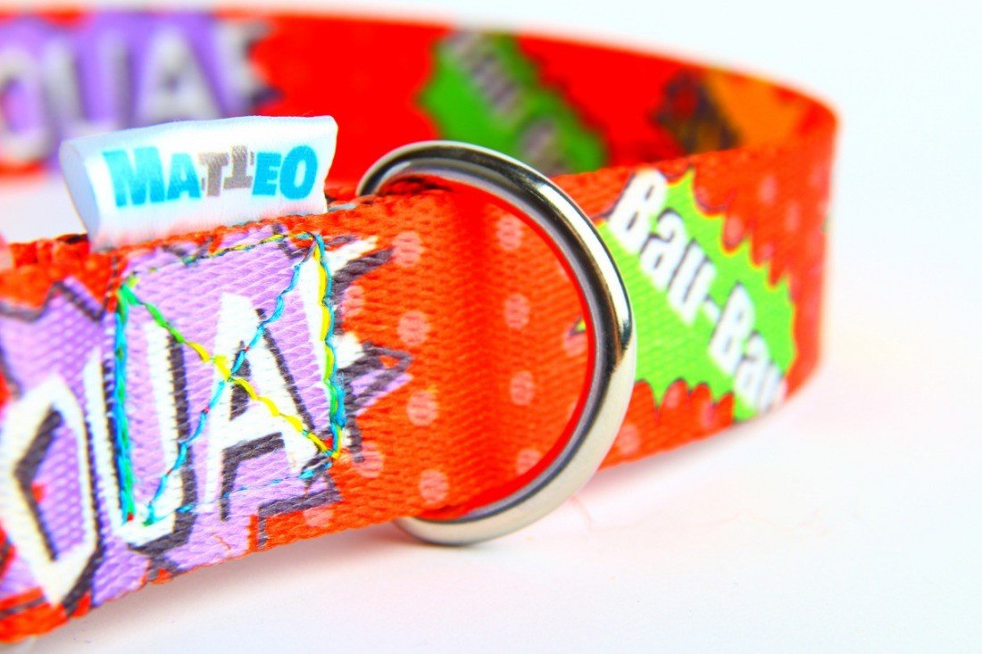 3. Close-up of red graffiti dog collar showing Matteo logo and nickel-plated D-ring