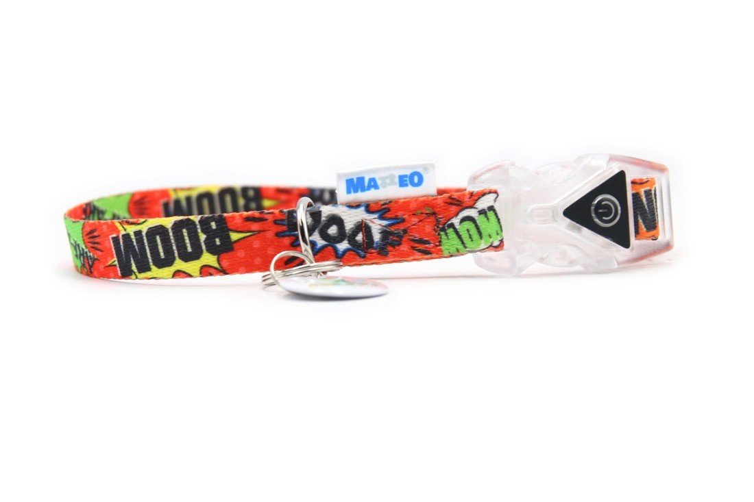 4. Flat lay of red graffiti dog collar with LED buckle and Matteo logo, showing design details