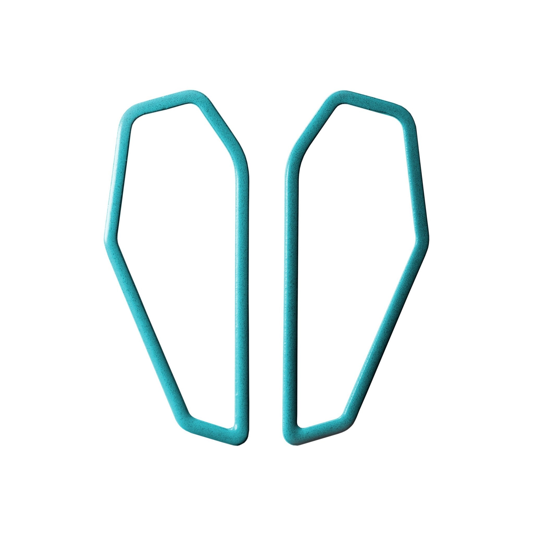 7. Lisa Kroeber Jewellery Color Frames Earrings in teal, displayed in studio