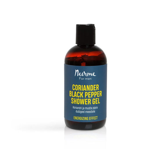 2. Nurme Coriander Black Pepper Shower Gel for men, energizing effect, shown in studio with blue label