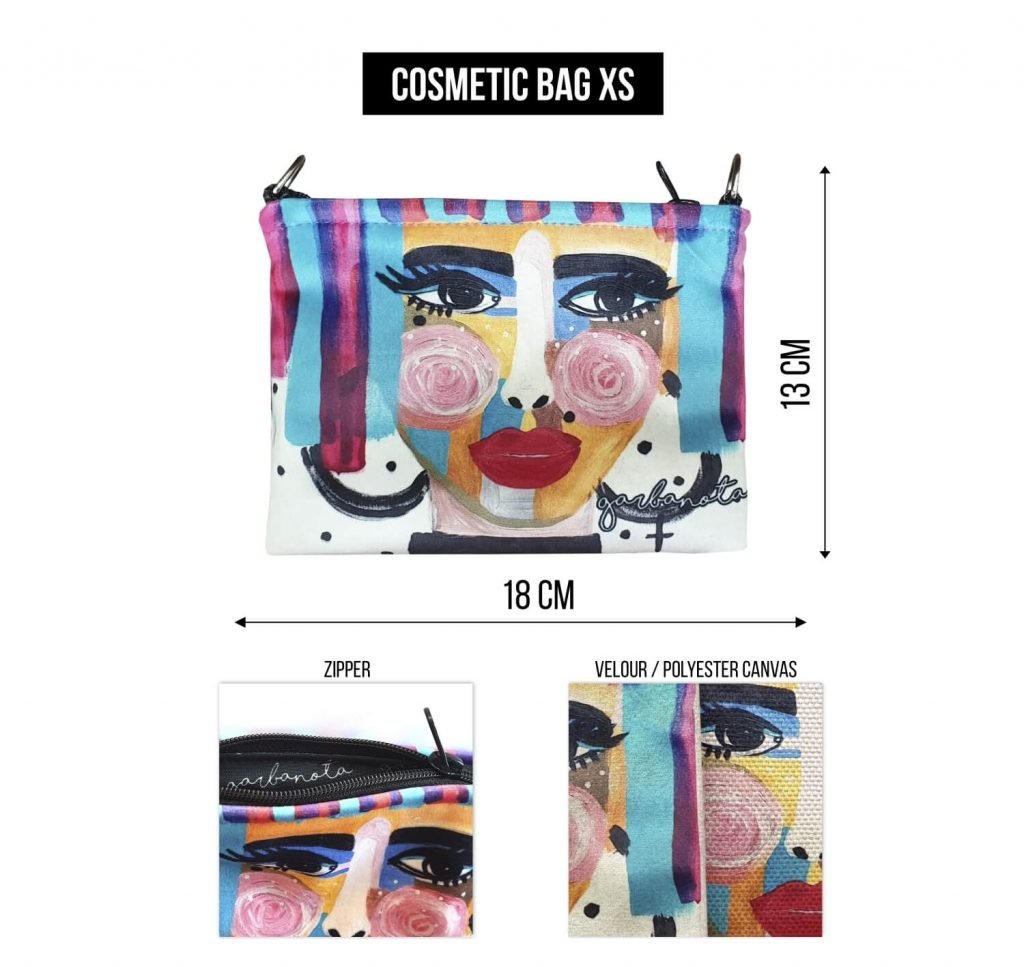 5. Garbanota YOKO cosmetic bag XS size with colorful face illustration, showing dimensions and material details