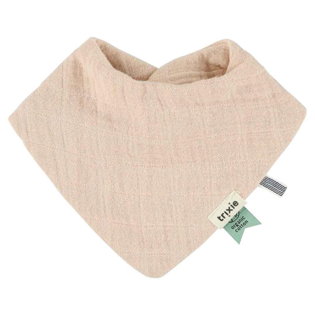 4. Beige Trixie Baby bandana bib in organic cotton with brand tag, displayed on white background