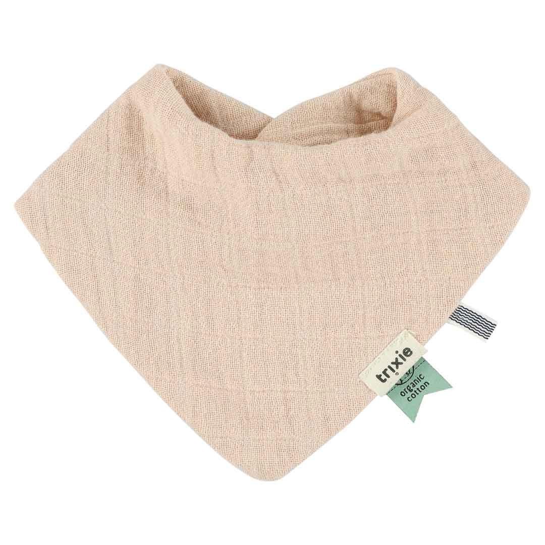 4. Beige Trixie Baby bandana bib in organic cotton with brand tag, displayed on white background