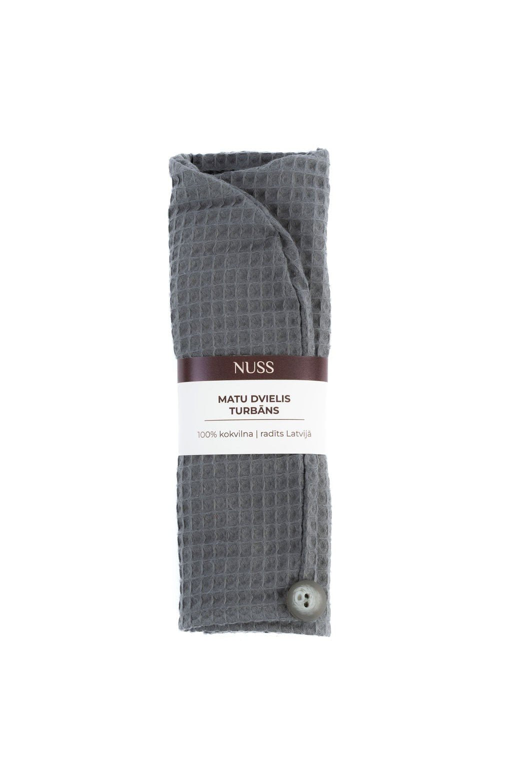 17. Grey cotton waffle hair towel turban folded with Nuss branding on white background