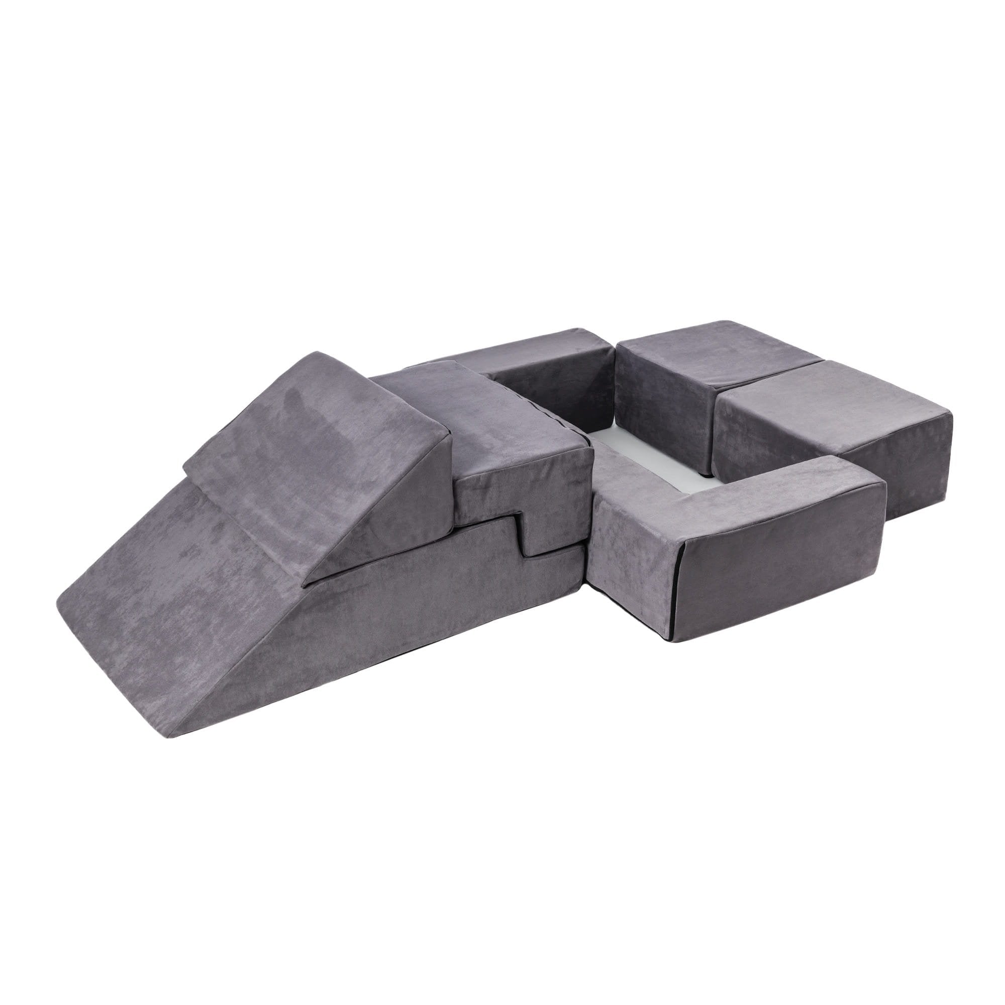 2. Grey MeowBaby velvet bricks set arranged as a playground with open seating area