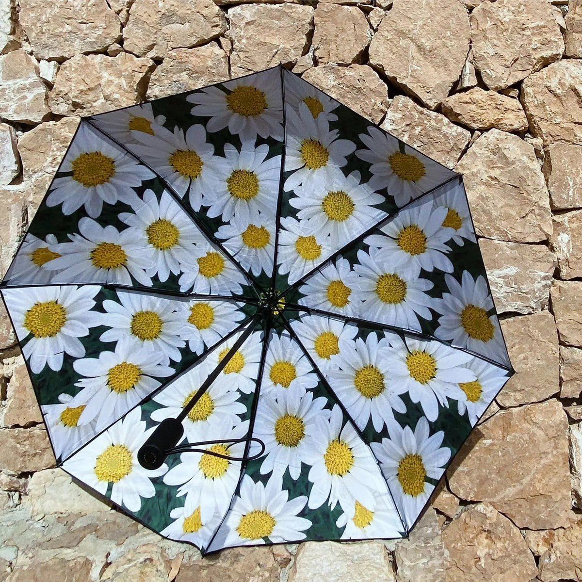 4. Open daisy umbrella with floral pattern against a stone wall background
