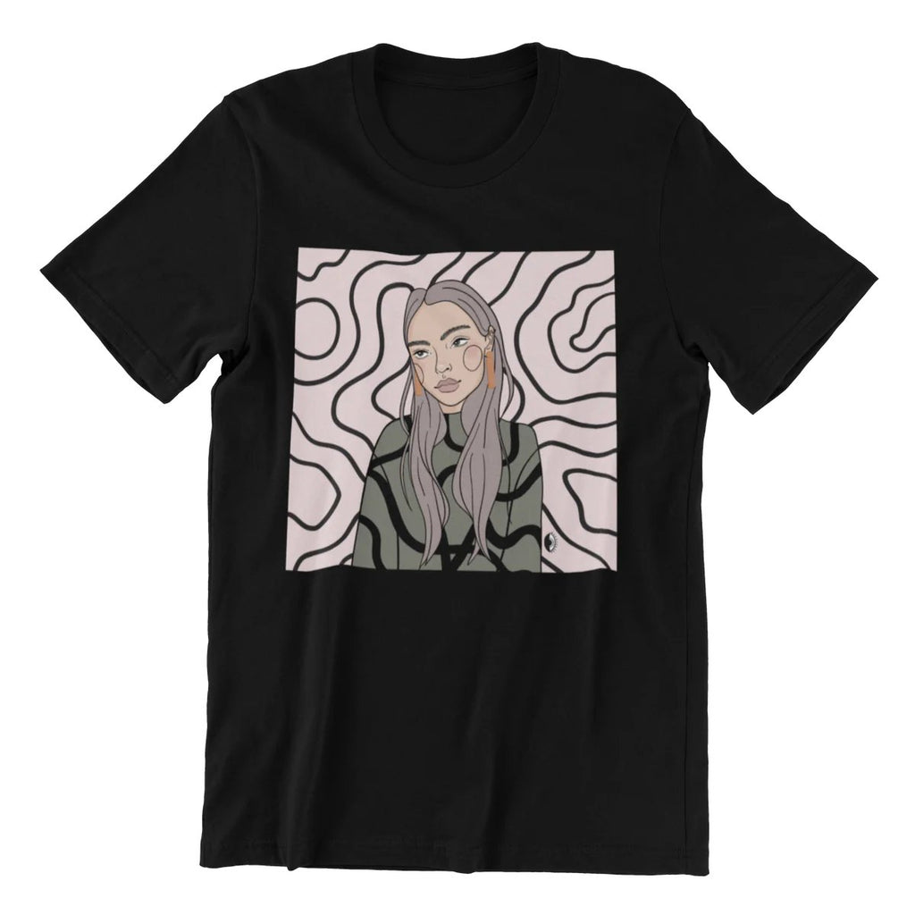 2. Unisex black organic cotton T-shirt featuring Getter Tiivits illustration in studio setting
