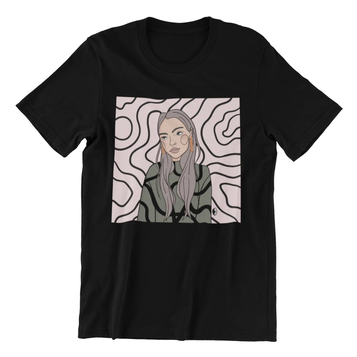 2. Unisex black organic cotton T-shirt featuring Getter Tiivits illustration in studio setting