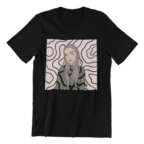 2. Unisex black organic cotton T-shirt featuring Getter Tiivits illustration in studio setting