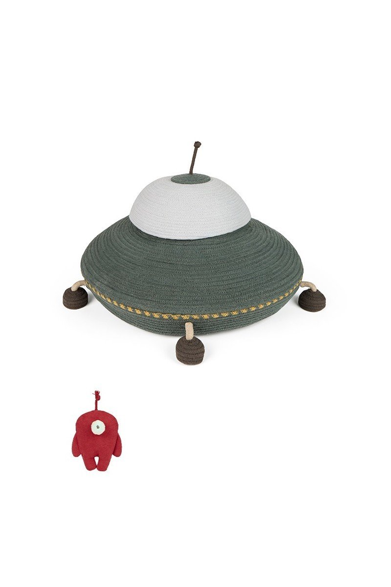 2. Studio shot of Lorena Canals UFO basket with red fabric alien, showing movable legs and string antenna