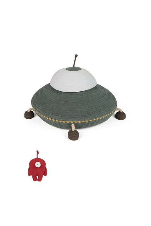 2. Studio shot of Lorena Canals UFO basket with red fabric alien, showing movable legs and string antenna
