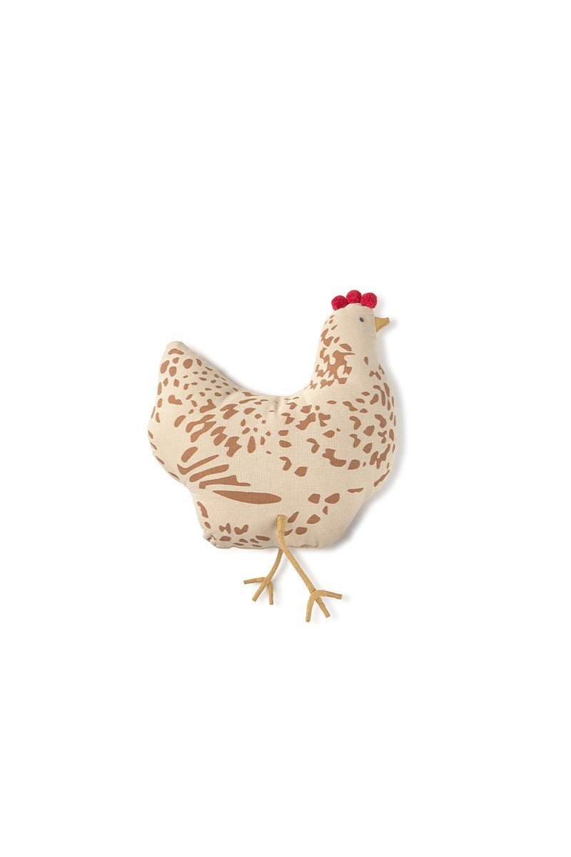 2. Beige chicken-shaped decorative pillow with brown details and fringed legs on white background