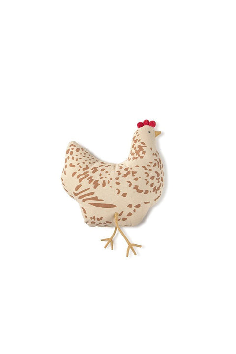 2. Beige chicken-shaped decorative pillow with brown details and fringed legs on white background